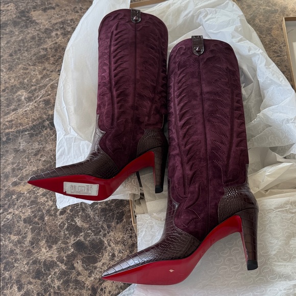 Christian Louboutin Santia botta 85mm Amara burgundy suede cowboy boot sz 37 - Picture 5 of 10